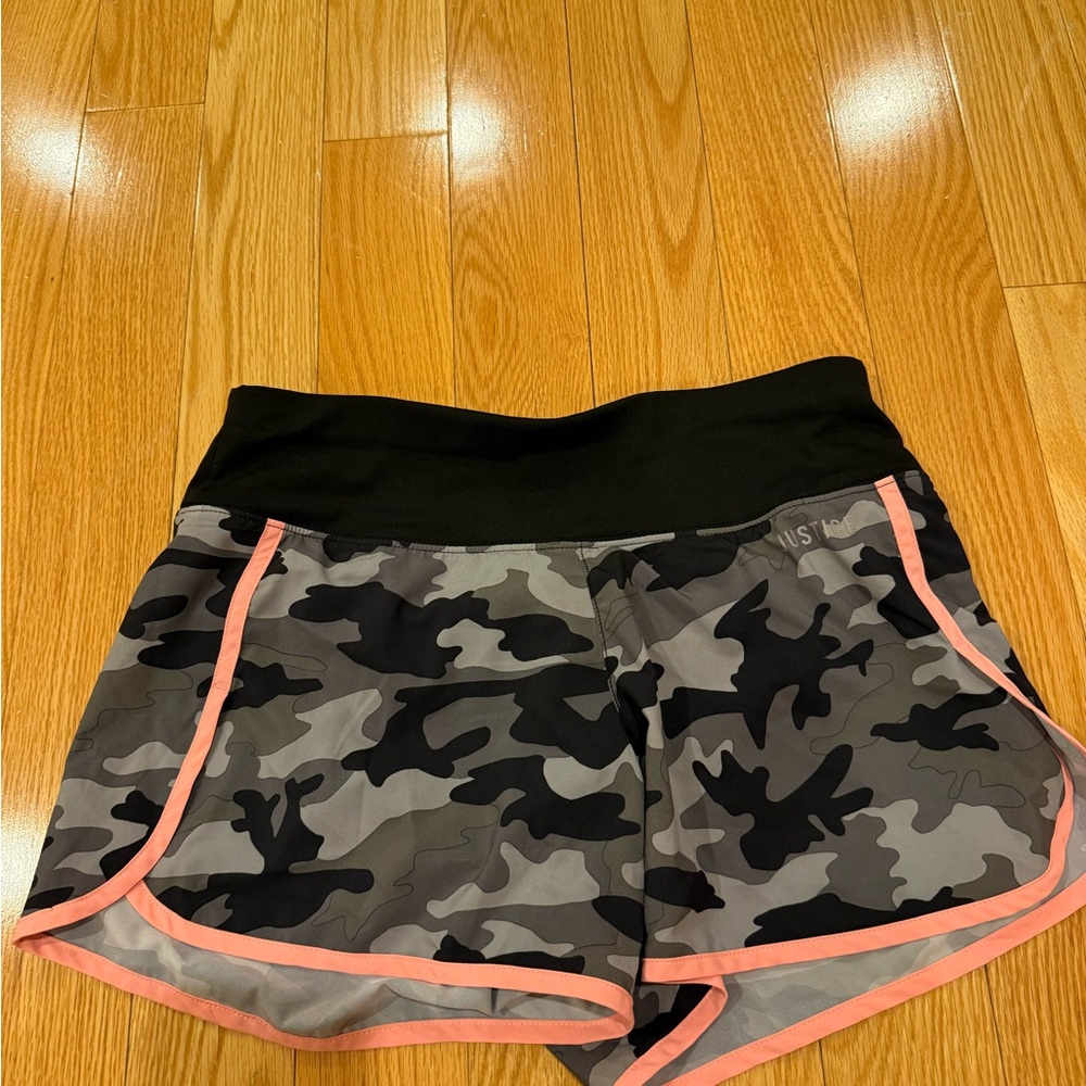 Kids Black & Gray Camo Justice Athletic Shorts with Pink Trim